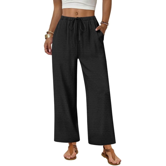 Inglocry Wide Leg Pants Woman Palazzo Drawstring Elastic Waist Trousers with Pockets Casual Lounge Black S