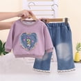 thumbnail image 4 of DJDLJWCJ 2 Piece Girls Casual Outfit Sets Cute Print Long Sleeve Crewneck Sweatshirt Elastic Waist Wide Leg Pants Set Purple Size 6M, 4 of 6