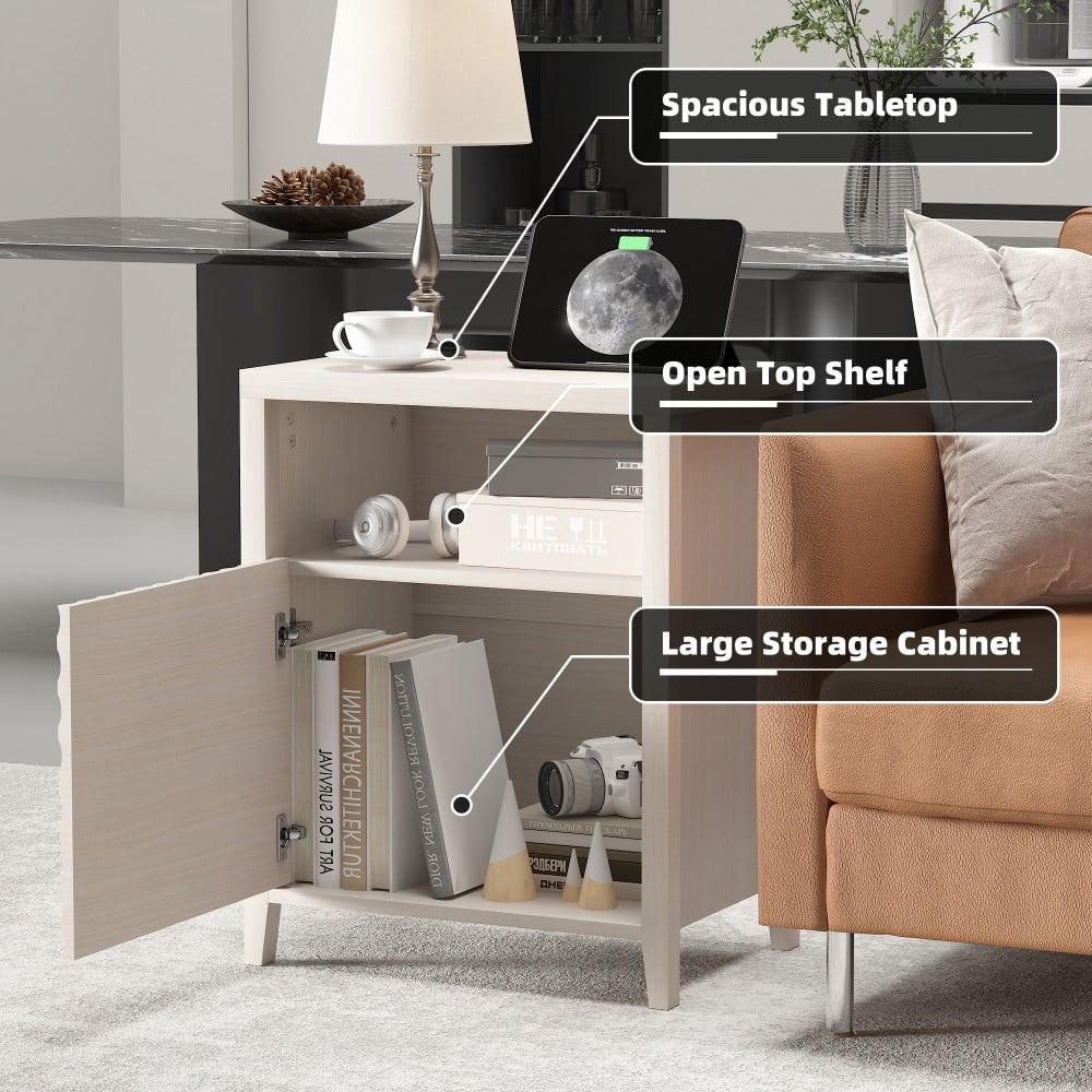 Nightstands Set of 2 with Charging Station, 2 USB Ports & 2 AC Outlets, 19" Modern Bedside Tables with Storage Shelf & Cabinet, Beige