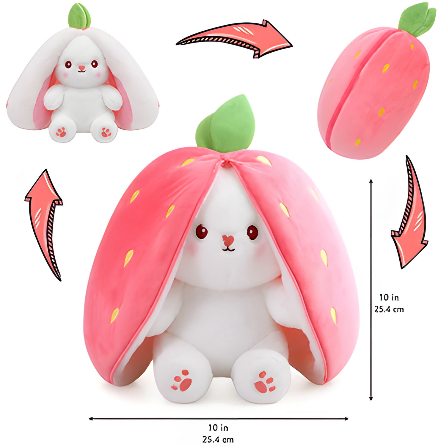 Kawaii Squishy Cute Easter Bunny Plush Turn Into Rabbit Fruit Doll Carrot Strawberry Pillow, Plushies Funny Bunny Toy for Baby