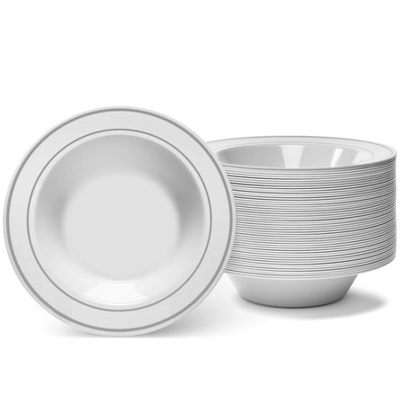 

Silver Rimmed White Bowls YPF5 - 12 ounce - 50 Plastic - Disposable or Reusable - Dessert Bowls - Salad Bowls- Cereal Bowls - Pasta Bowls - Ideal for Weddings Parties Gatherings Events &More!