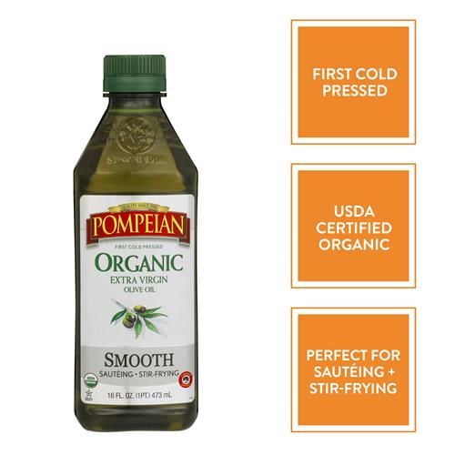 Pompeian Usda Organic Smooth Extra Virgin Olive Oil, Contains Polyphenols, First Cold Pressed, Smooth, Delicate Flavor, Perfect For Sautéing & Stir-Frying, 16 Fl. Oz - Pack of 2