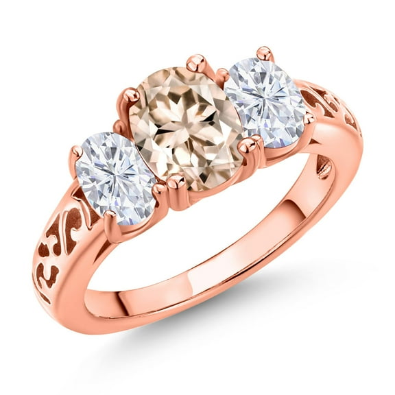 Gem Stone King 18K Rose Gold Plated Silver Peach Morganite and White Moissanite Filigree Style 3 Stone Ring for Women (2.00 Cttw, Oval 8X6MM and 6X4MM) (Size 5)