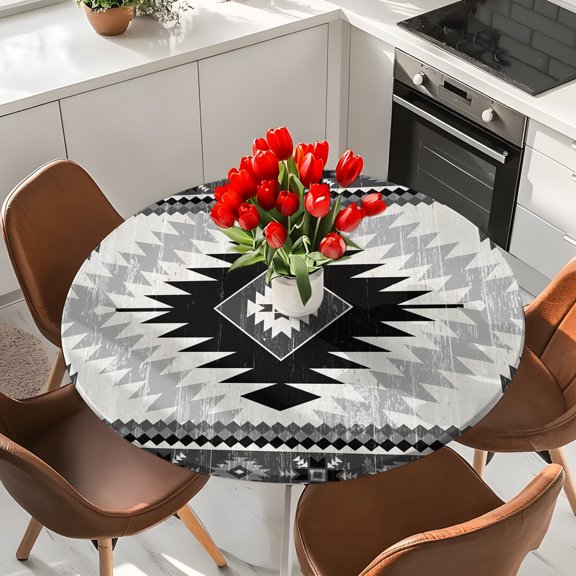 Farmhouse Geometric Elastic Fitted Round Tablecloth Bohemian Black Waterproof Outdoor Table Cover for Holiday Party, Picnic, Patio & Dining Fits Tables Up to 36"-44"