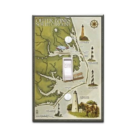Outer Banks, North Carolina - Lighthouse & Town Map - Lantern Press Artwork (Light Switchplate