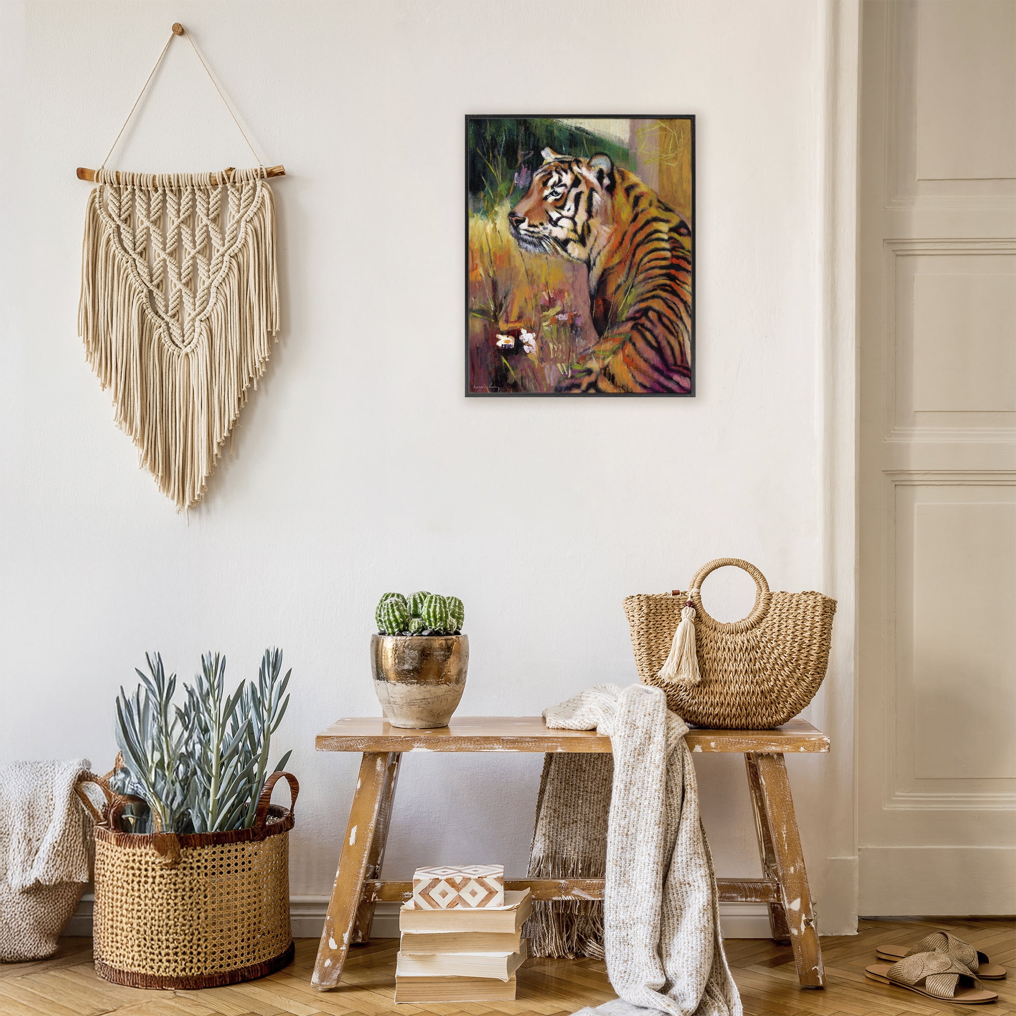 Stupell Industries Patience Tiger in Wait Black Framed Giclee Art, design by Karen Chang