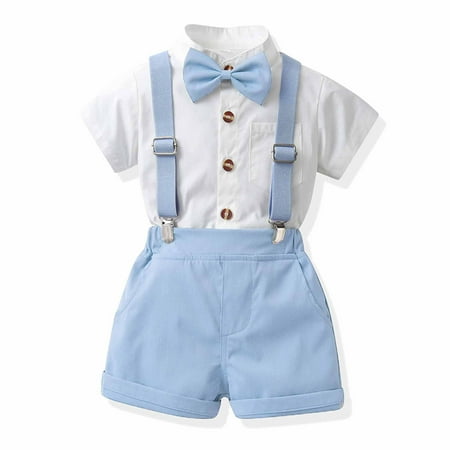 Little Boys Gentleman Outfits Suits Set Infant Short Sleeve Shirt+Suspender Pants+Bow Tie Overalls Clothing Set Kids Colorful Clothes Light Blue 12-18 Months