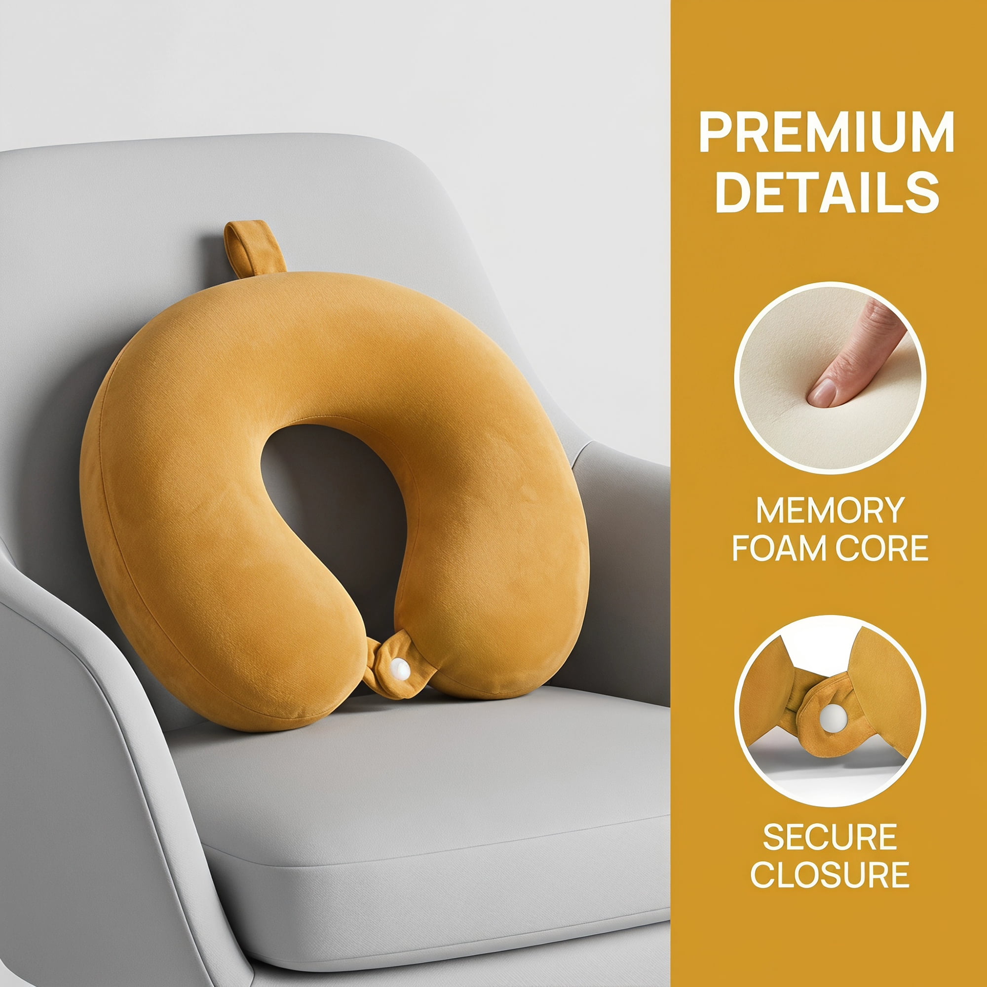Unique Bargains Memory Foam Travel U Shape Neck Pillow Snap Closure Yellow 12"x12"x4"