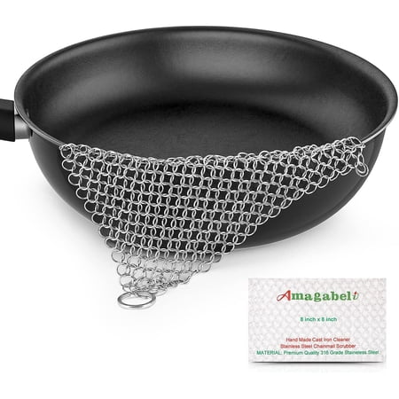 8” x 8” 316 Stainless Steel Cast Iron Cleaner Chainmail Scrubber for Cast Iron Pan Skillet Cleaner for Dishes Glass Pre-Seasoned Cast Iron Pot Seasoning Protection BG262