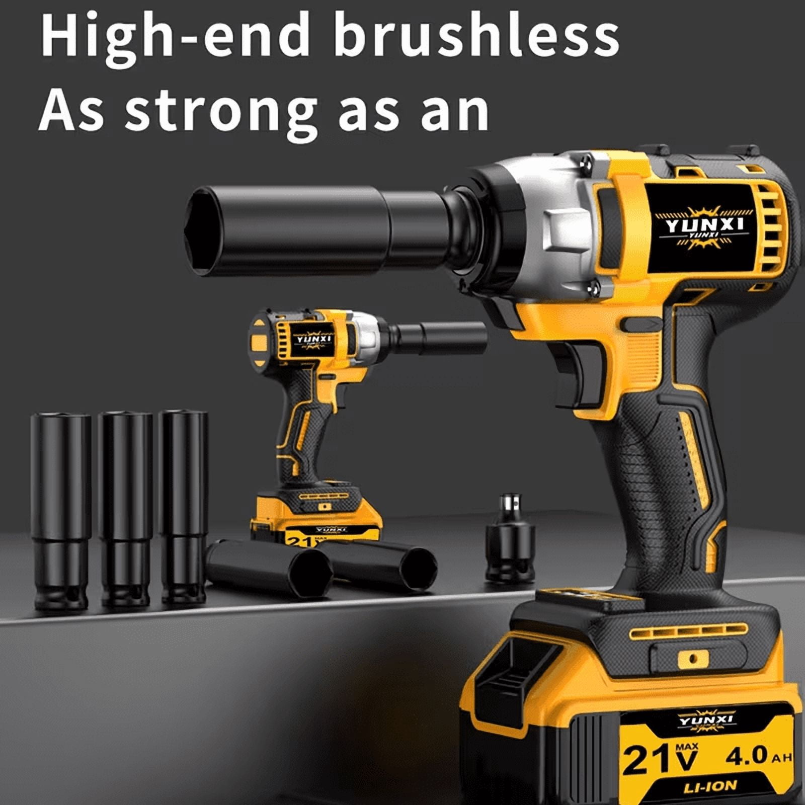 YUNXI 21V Cordless Impact Wrench, 1/2" Brushless Impact Gun, 420N.m (310Ft-lbs) High Torque Power Wrench with 1x2.6Ah Battery, Complete Sockets & Drill Bits Kit for Car Tire Changing Home Repair