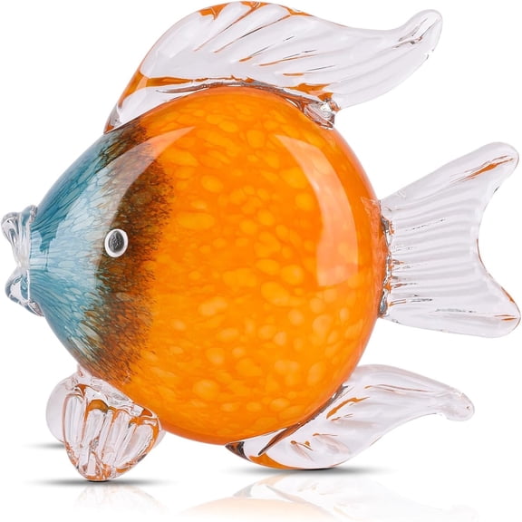 Large Hand Blown Glass Fish Decor, Orange Beach Ocean Figurine Sculpture for Table Centerpiece, 8.3" x 6.7"