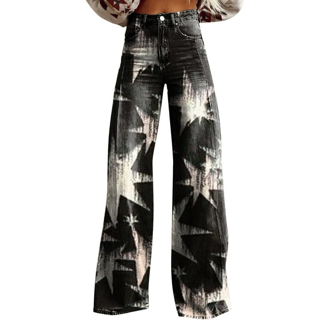Liquidation! Lisingtool Pantalon à Jambe Grand Femme Taille Haute Pantalon à Motif Floral Léger Coupe Ample Décontracté Pantalon Coloré Imitation Jeans
