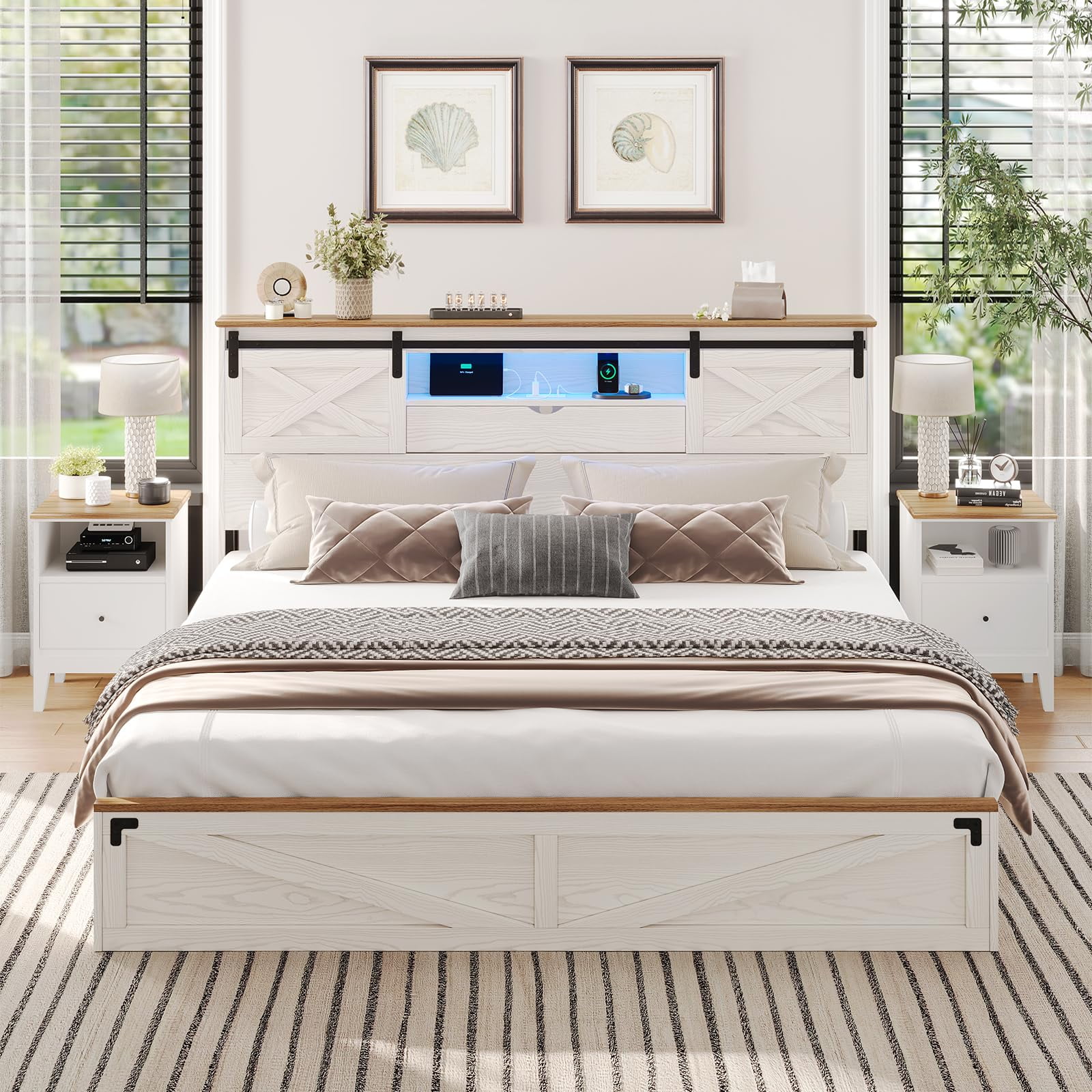 California King Size Bed Frame with LED Lights and Charging Station, Farmhouse Storage Bed Frame with Headboard and Drawers, No Box Spring Needed, White