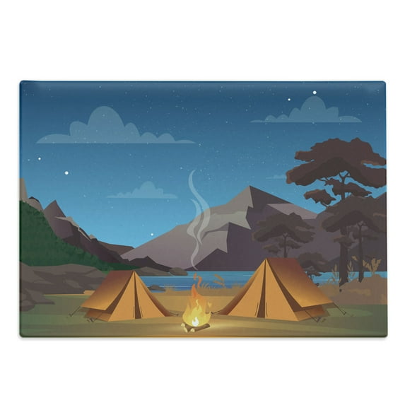 Travel Cutting Board, Camping in Woods with Fire at Night River and Rocky Mountains, Decorative Tempered Glass Cutting and Serving Board, in 3 Sizes, by Ambesonne
