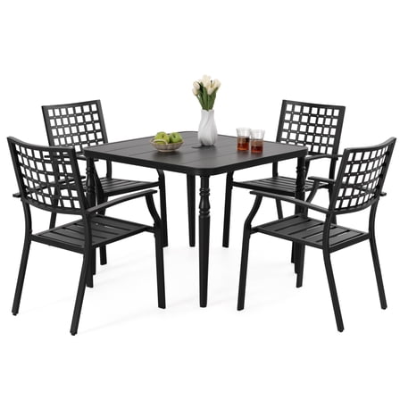 Nuu Garden 5-Piece Outdoor Dining Chair and Table Set, 4PCS Stackable Metal Dining Chairs and 37" Square Metal Dining Table with Umbrella Hole. All-Weather Patio Outdoor Furniture, Black