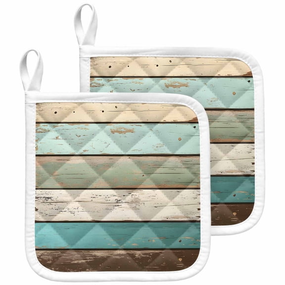 Farmhouse Teal Brown Pot Holders for Kitchen Heatproof Potholder, 2 Pack Vintage Ombre Wooden Hot Pads Multipurpose Oven Pads Cloth Potholders Trivet for Cooking and Baking