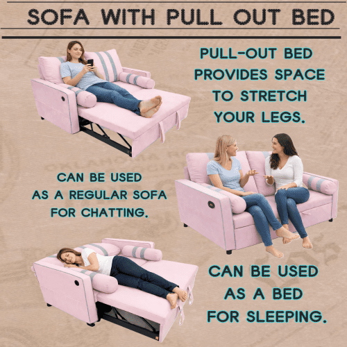 68.5 Inch Pink 2-Seater Pull Out Sleeper Sofa Bed with USB Charging Port, 3-Position Adjustable Backrest Convertible Loveseat for Living Room, Guest Room, Apartment