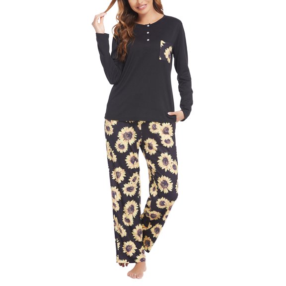 Women Pajamas Set, Long Sleeve Tops and Printed Pants 2 Pieces PJ Sets, Joggers Loungewear Sleepwear with Pockets,Black,S
