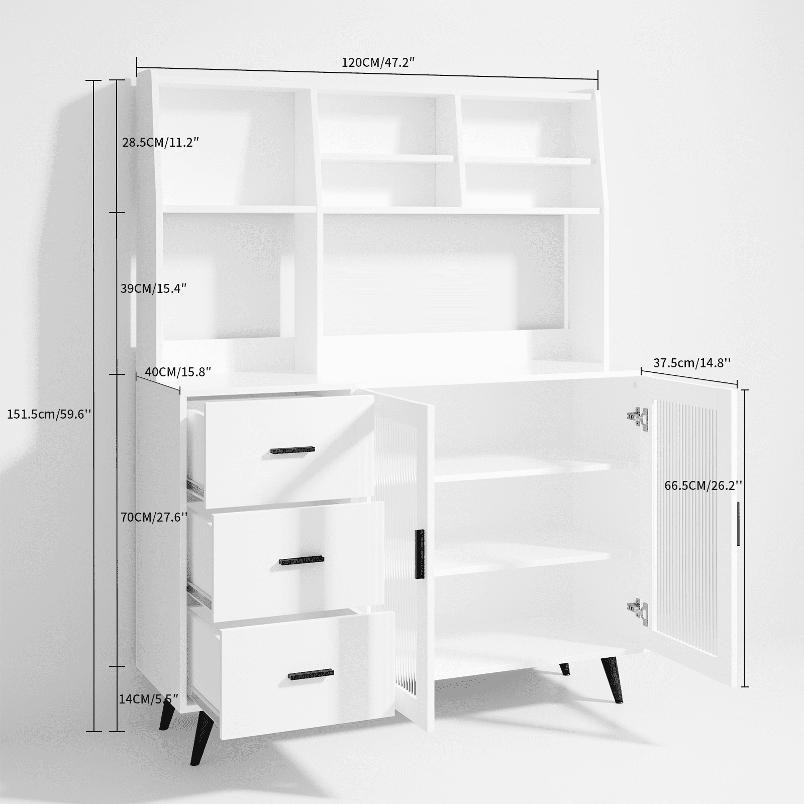 RichYa 59.6"H Kitchen Hutch Cabinet with Glass Door,Freestanding Pantry Storage Cabinets with Countertop & Adjustable Shelves for Dining Room,White