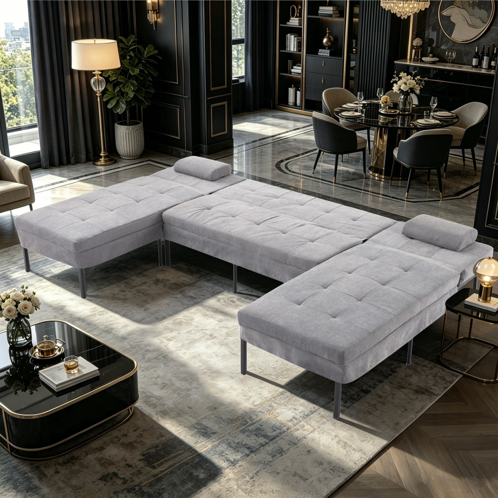 BSHTI 107.09" U Shape Sofa Bed with Adjustable Backrest, Soft 4 Seater Couch for Living Room(Dark Gray)
