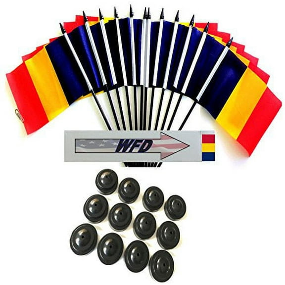 Pack of 12 4"x6" Chad Polyester Miniature Office Desk & Little Table Flags, 1 Dozen 4"x 6" Chad Small Mini Handheld Waving Stick Flags with 12 Flag Bases (Flags with Stands)