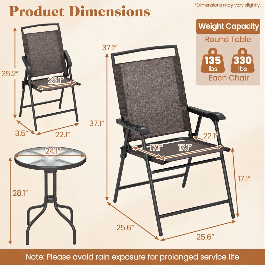 Hommoo 3-Piece Outdoor Patio Set, Round Tempered Glass Table & 2 Folding Chairs with Breathable Fabric Seats, Compact for Balcony & Small Spaces, Brown