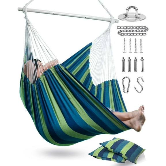 XXL Hammock Chair Hanging Rope Swing with 2 Cushions - Max 500lbs-Perfect for Patio, Porch, Bedroom, Backyard, Indoor or Outdoor - Includes Hanging Hardware Kits
