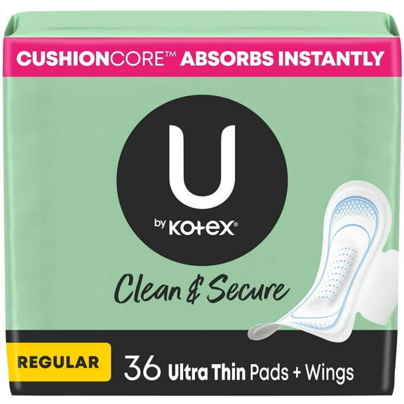 U by Kotex Clean & Secure Ultra Thin Pads with Wings, Regular Absorbency, 36 Count