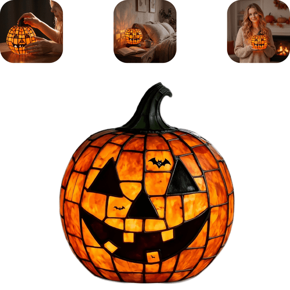 Vintage Halloween Pumpkin Lamp Decor, Classic Jack-o-Lantern Stained Glass Pumpkin Lamp, Soft Warm LED Ornament Light for Indoor Mantel Autumn Home Decor M B-1PC