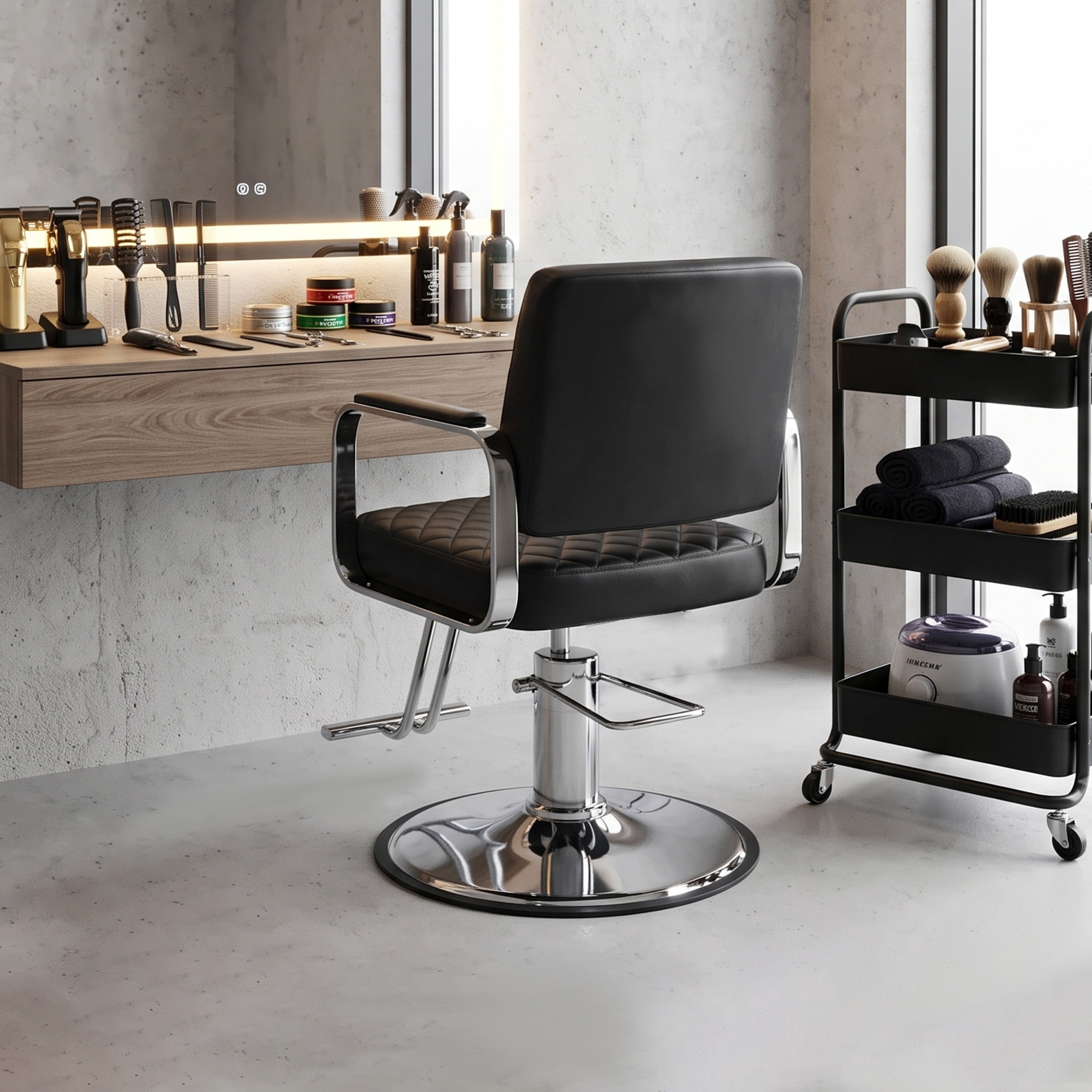 Noble House 360° Swivel Adjustable Salon Styling Chair, Diamond-Quilted PU Upholstery, Black+Silver