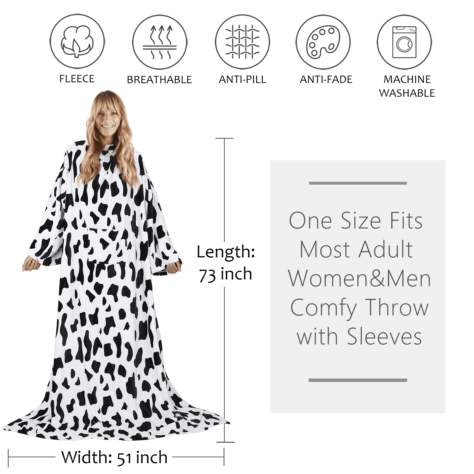 Tirrinia Wearable Fleece Blanket for Women and Men, Super-Soft Microplush TV Blanket, Adult Wrap, Full Body Robe for Lounge Couch, Dalmation, 73" x 51"