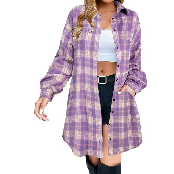 Kilaqueen Button Down Shirts for Women Buffalo Plaid Long Sleeve Lapel Long Shirt Jacket Casual Lightweight Business Trendy Tops
