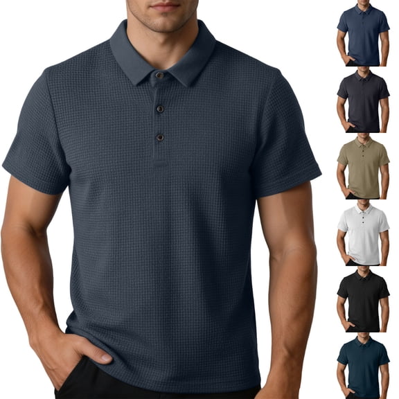 Men's Business Casual Polo Shirt, Waffle Knit Short Sleeve Breathable Top for office & Summer Size M-4XL Army Green