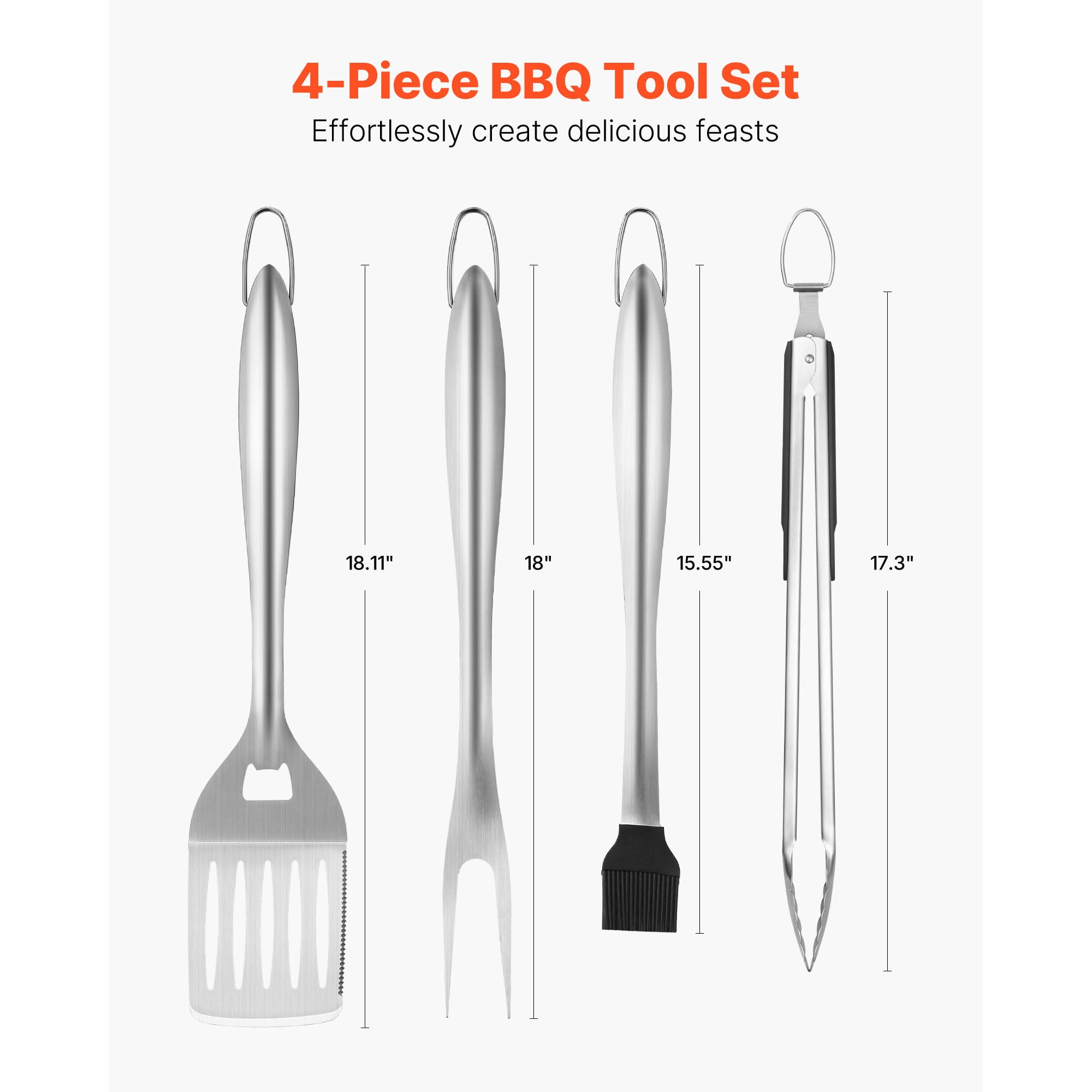 KFFKFF 4-Piece BBQ Grill Tool Set, Durable Stainless Steel Grilling Utensils with Tongs, Spatula, Fork, and Brush, Ideal for Outdoor Cooking and Gifting