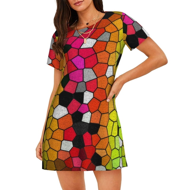 Disketp Colorful Tie Dye Stained Glass 1 para Camisón Corto de Manga Corta para Mujeres, Camisón Cómodo con Escote Redondo, Bonito y Confortable