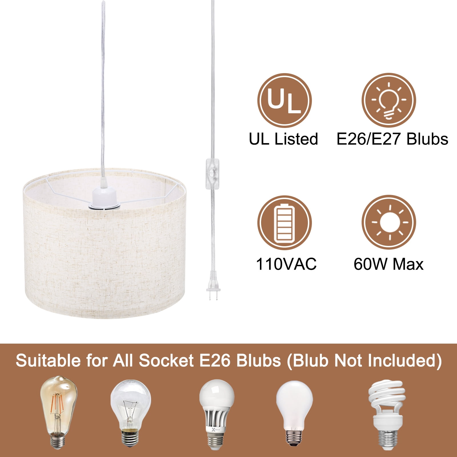 Uxcell Plug in Pendant Light 15Ft Rope Hanging Lamp Fixture with ON/OFF Switch, Fabric Shade E26/E27 Socket Beige