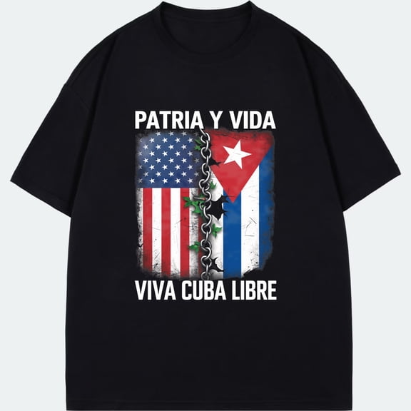 Black T Shirt With Usa And Cuban Flag Design Patria Y Vida Viva Cuba Libre Print For Casual Wear
