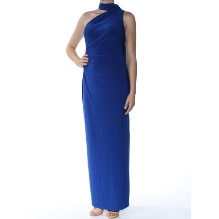 RALPH LAUREN Womens Blue Flowing Scarf Sleeveless Asymetrical Neckline Full-Length Sheath Evening Dress  Size: