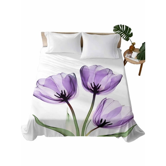 California King Flat Sheet 108"x98", Purple Tulips Soft Lightweight Bedding Flat Sheets Only, Watercolor Floral Wildflower Green Plant Brushed Microfiber Top Bed Sheet, Breathable Bedsheets