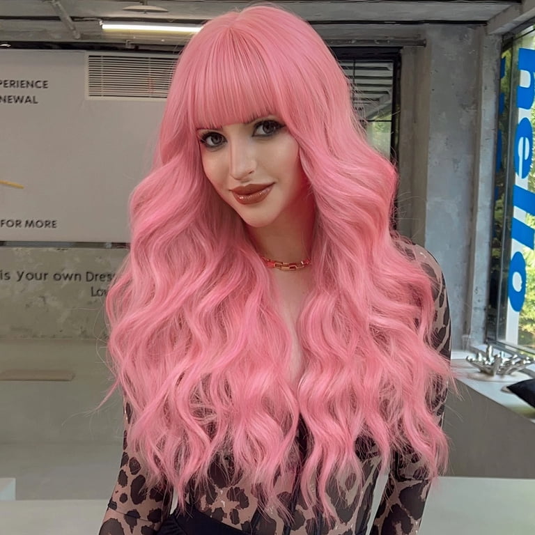Long Pink wig with bangs wavy hair Amazon.com : WTHCOS Hot Pink Wigs for Women Long Curly Wavy  main image 2