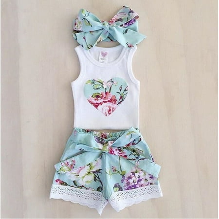 3Pcs Toddler Baby Girl Clothes Tops Floral Vest +Shorts Pants Outfits Set 0-3Y