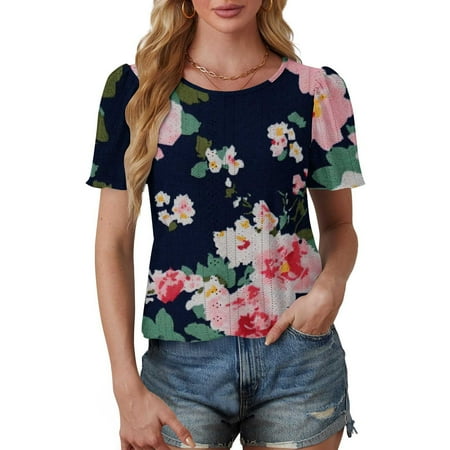 Patlollav Womens Tops Petal Short Sleeve Summer Casual Crew Neck Shirts Floral Blouse Pleated Tunics