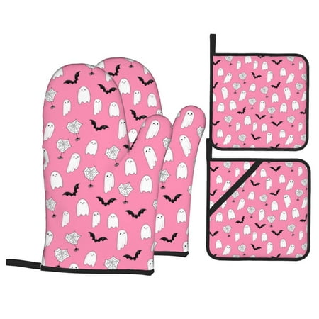 

Oven Mitts and Pot Holders Sets 4 pcs pink ghost halloween Non-Slip Oven Gloves Potholders Soft Quilted Lining Heat Resistant Gloves Hot Pads for Kitchen Cooking Baking