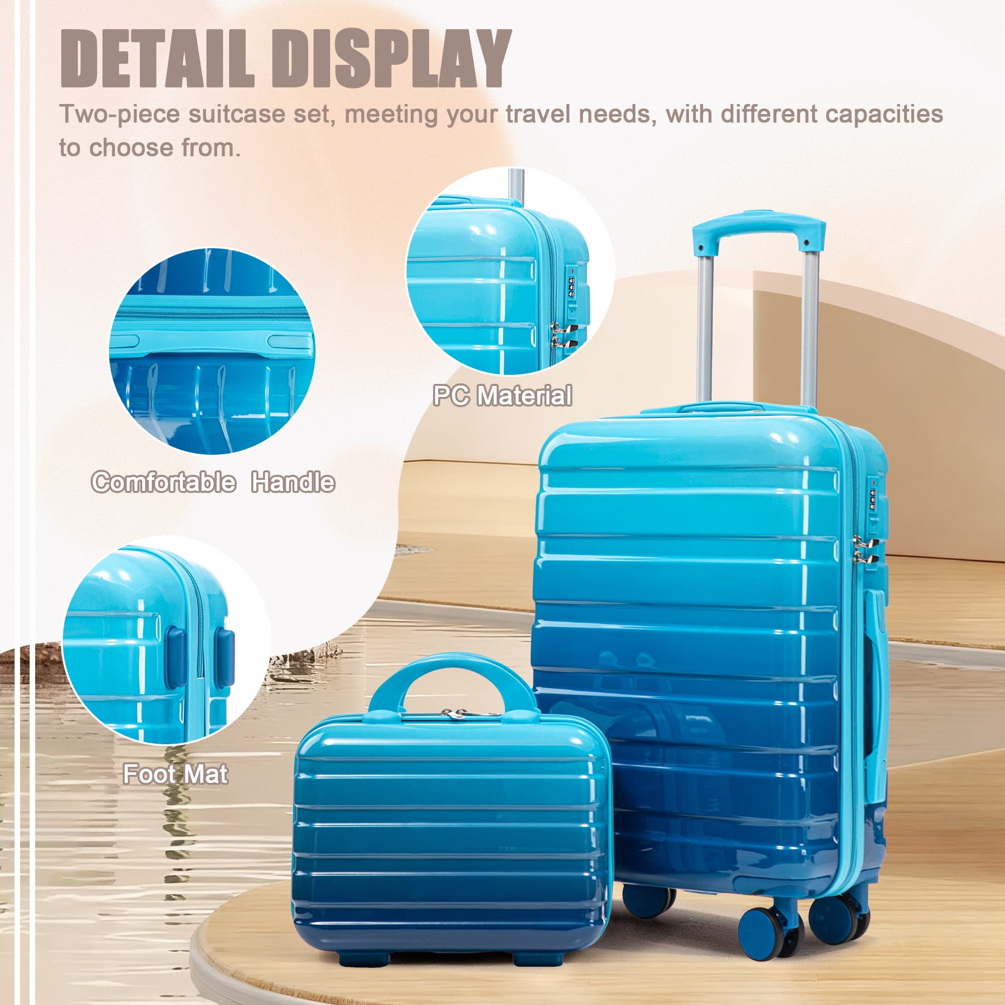 Leumius 2 Piece PC Spinner Wheel Luggage Sets, Hardside Suitcase with Combination Lock, 20 inch Carry On Luggage & 14 inch Cosmetic Case