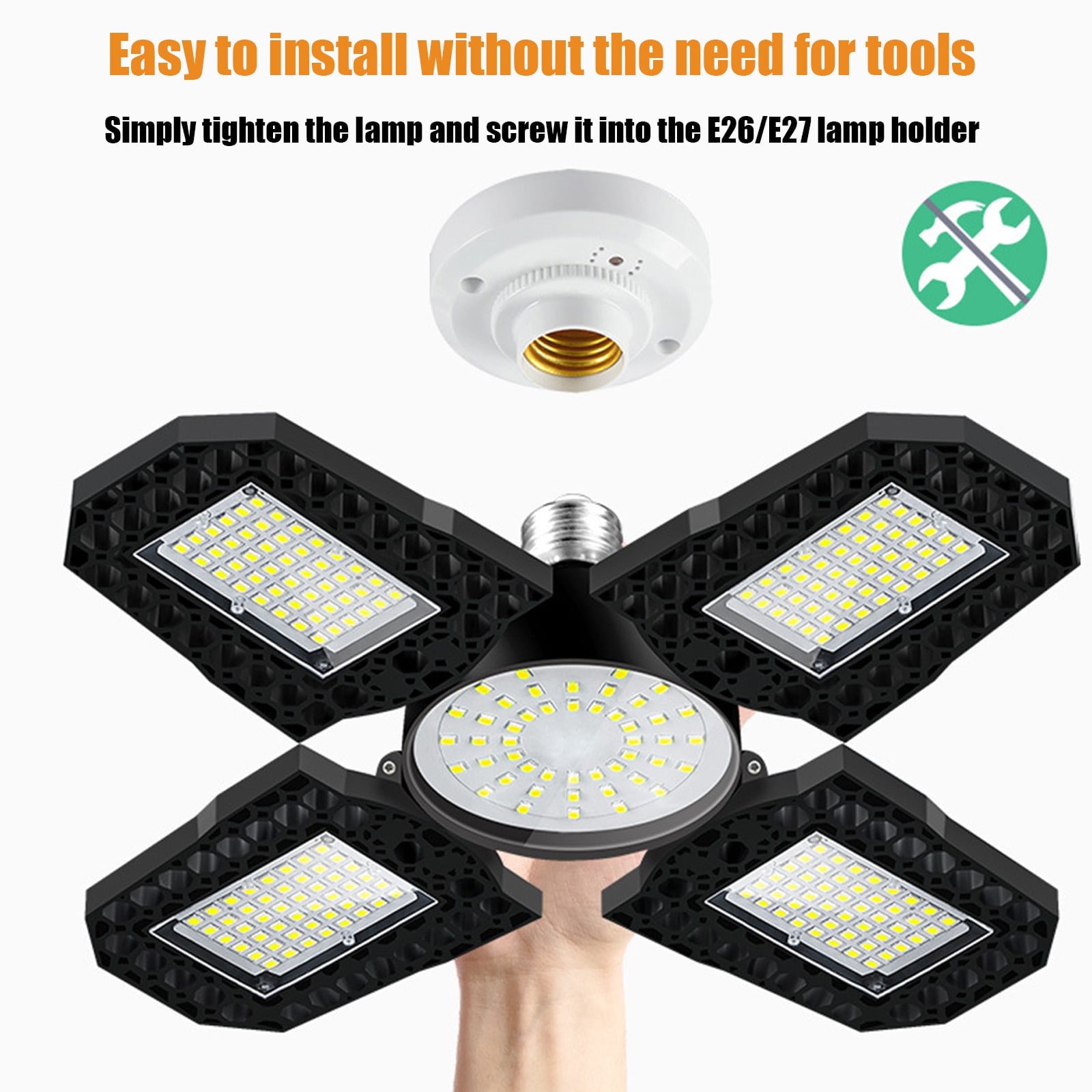 LED Garage Light With 6 Adjustable Panels for 360-Degree Coverage, 12000LM Super Bright E27 Screw-in Shop Light for Workshop Basement