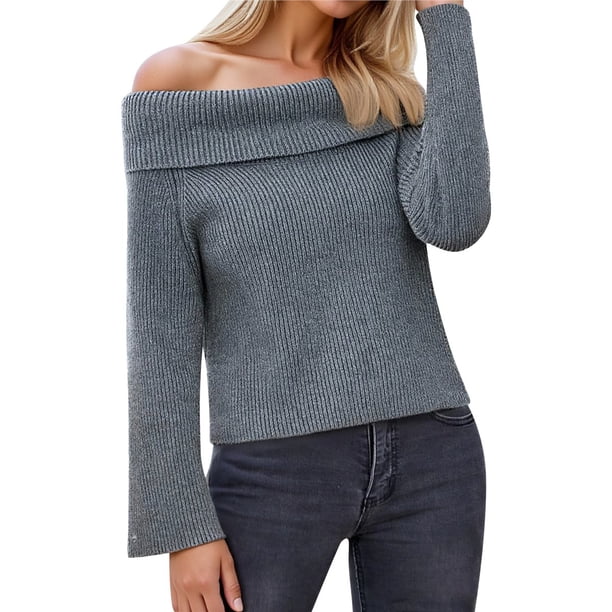 Suéter de Mujer con Hombros Descubiertos, Larga, Estilo Suéter de Punto Suelto, Ideal para Otoño de 2025. Gris S