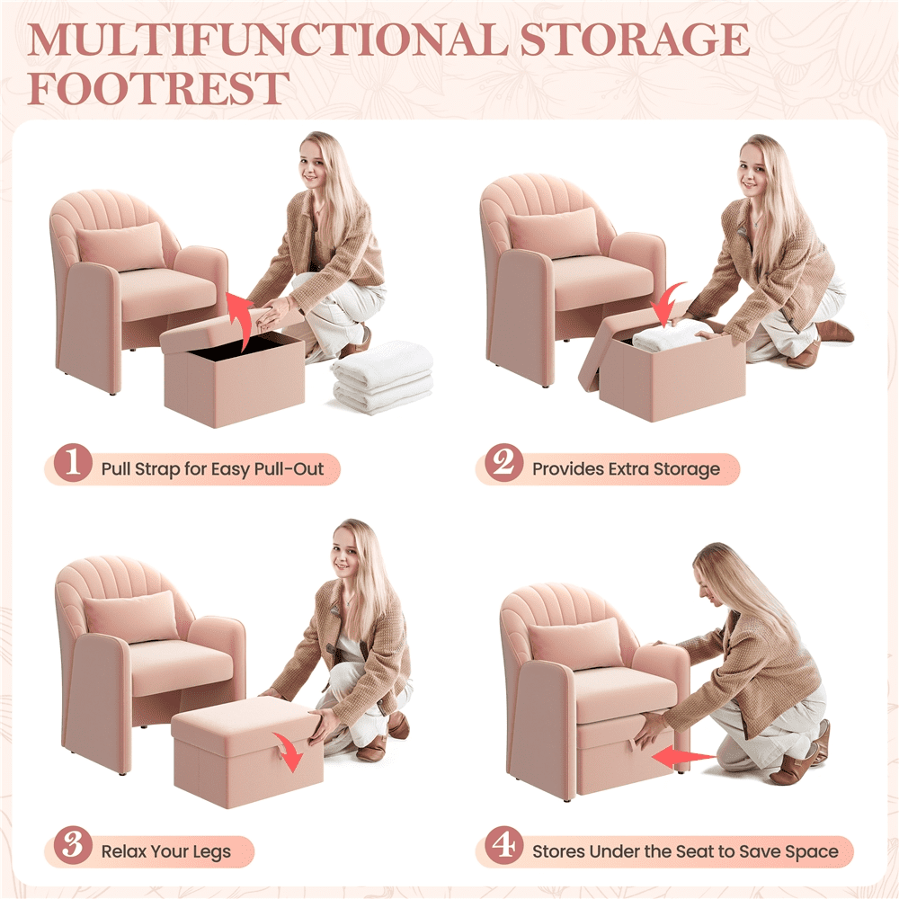Renwick Upholstered Velvet Barrel Accent Chair with Footrest, Pink