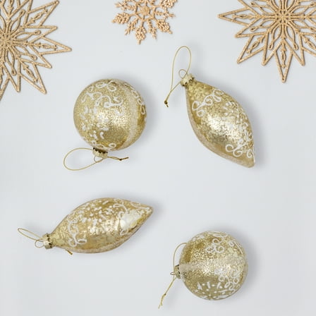 Northlight Beaded Christmas Ball and Finial Glass Ornaments - 2.75" (70mm) - Gold - Set of 4