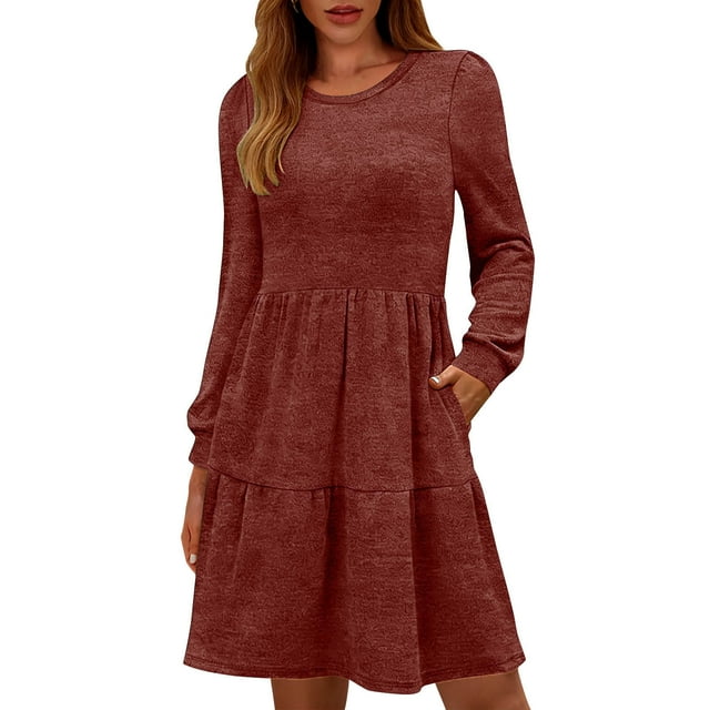 TaTaai Women's Solid Long Sleeve Round Neck Loose Fit A-Line Midi Dress with Side Pockets for Work Office Casual Fall Winter Daily Wear Gift
