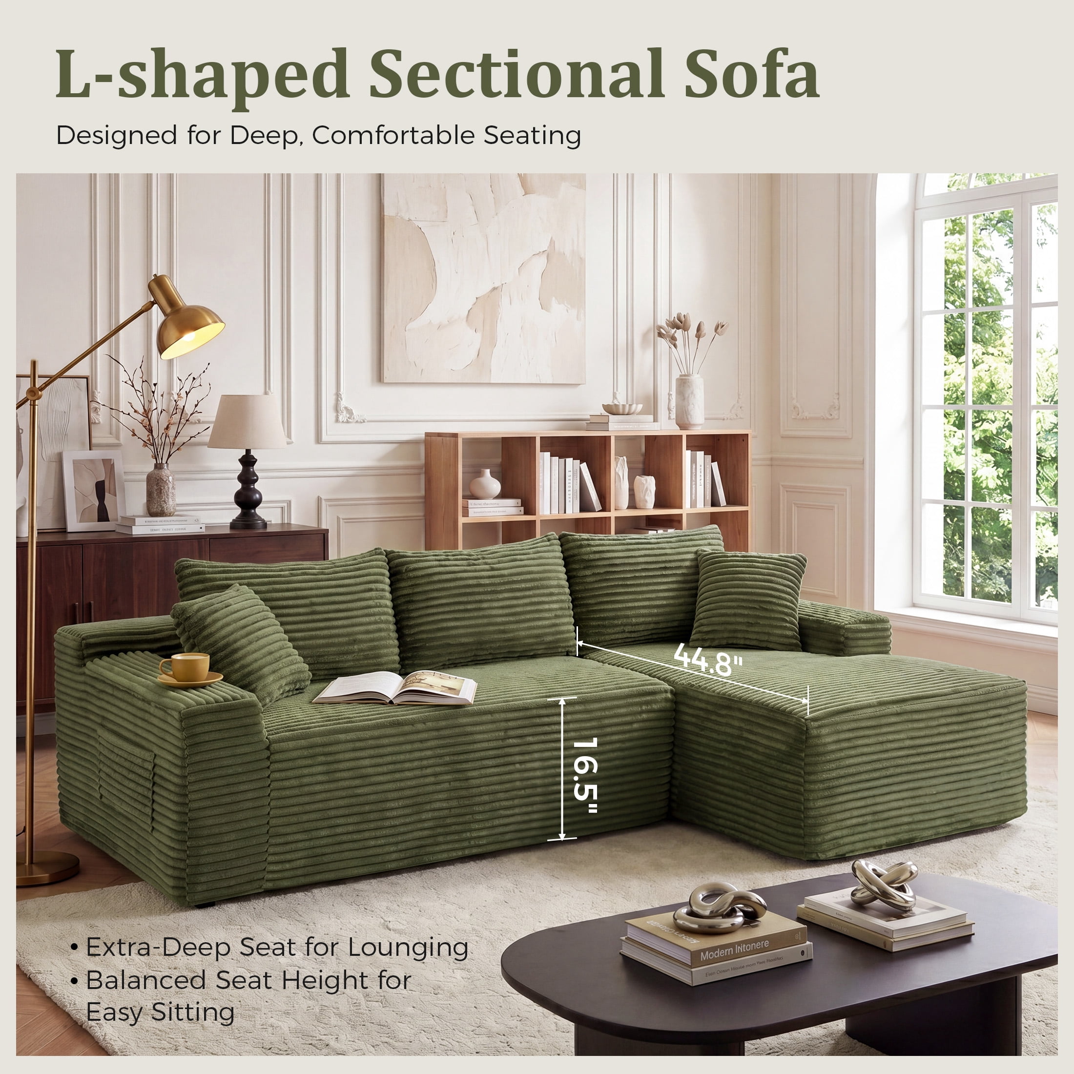 Aenkyo 95 Inch Corduroy L-Shaped Modular Sectional Sofa, Right Chaise, Green